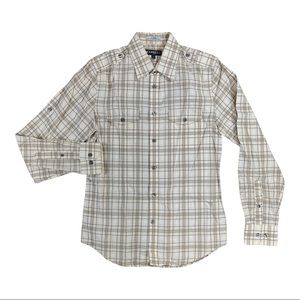 Express mens button up dress shirt yellow white plaid pattern collared SKU 0163